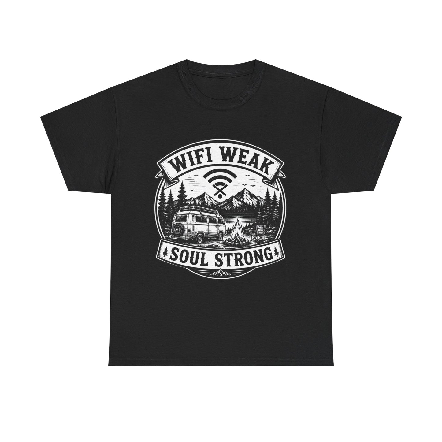 Camping T-Shirt — "WiFi Weak, Soul Strong" Retro Outdoor Adventure Tee