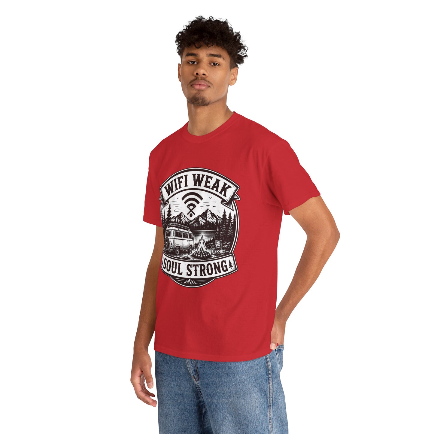 Camping T-Shirt — "WiFi Weak, Soul Strong" Retro Outdoor Adventure Tee