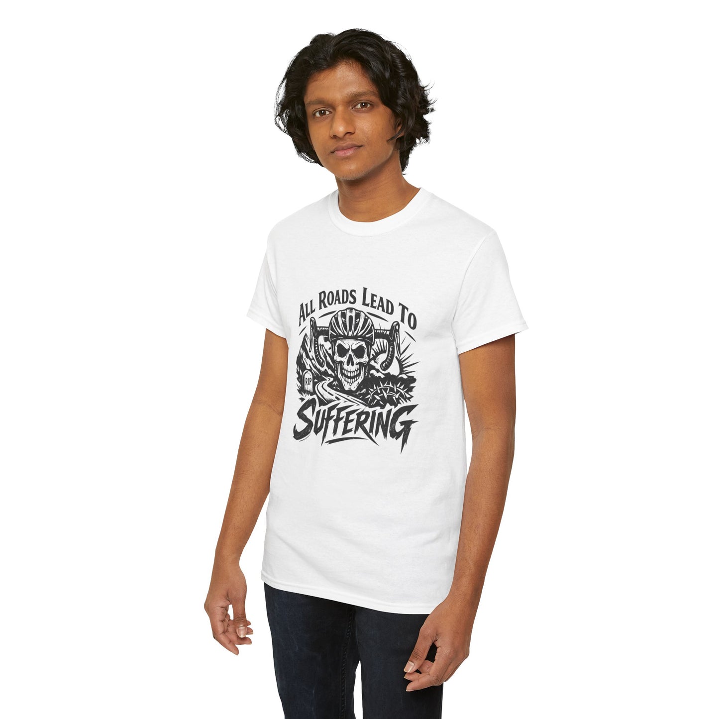 Skull Biker Tee — "All Roads Lead to Suffering" Graphic T‑Shirt