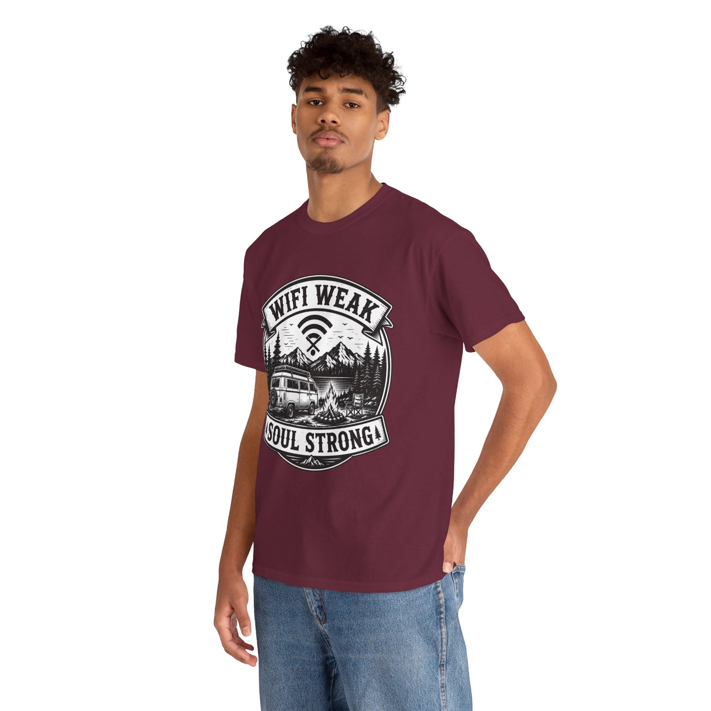Camping T-Shirt — "WiFi Weak, Soul Strong" Retro Outdoor Adventure Tee