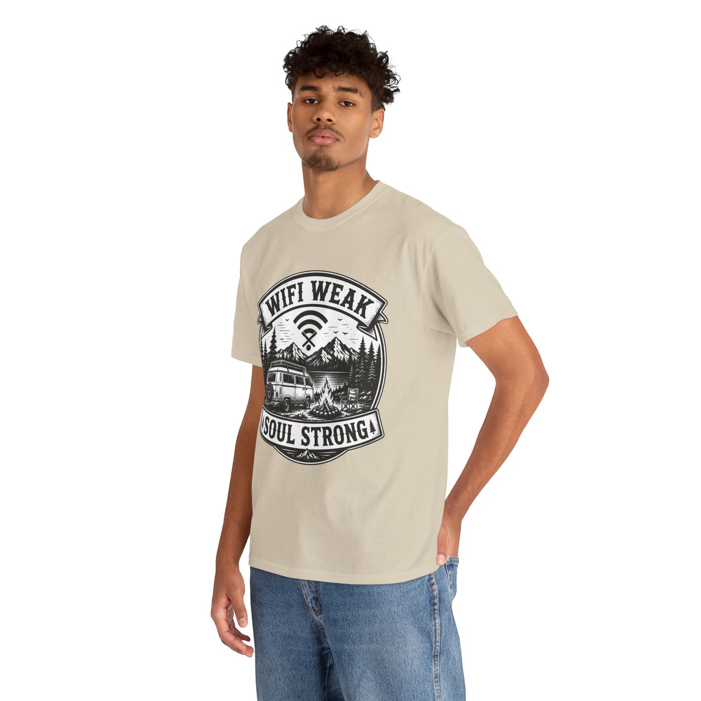 Camping T-Shirt — "WiFi Weak, Soul Strong" Retro Outdoor Adventure Tee